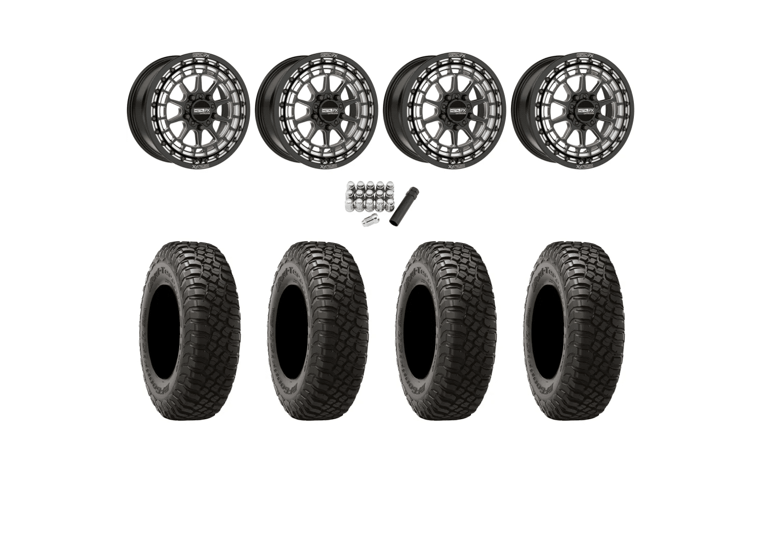BFGoodrich Mud-Terrain KM3 32×10-15 (8PLY) Radial Tires on Metal FX Outlaw Satin Black Contrast Cut Beadlock Wheels