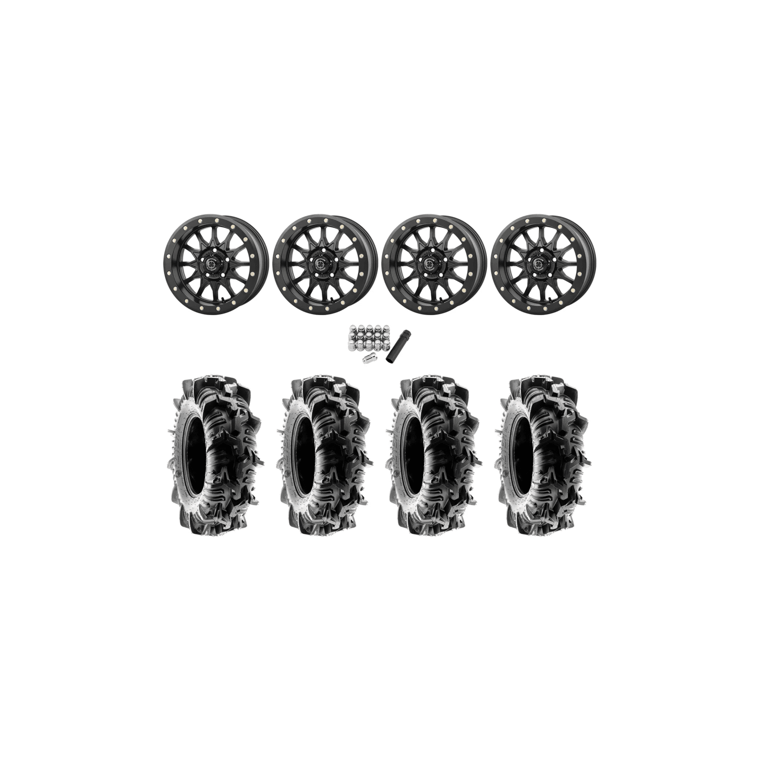 Terache Aztex XL 28×9-14 (8ply) Tires on Frontline 223 Matte Black Beadlock Wheels