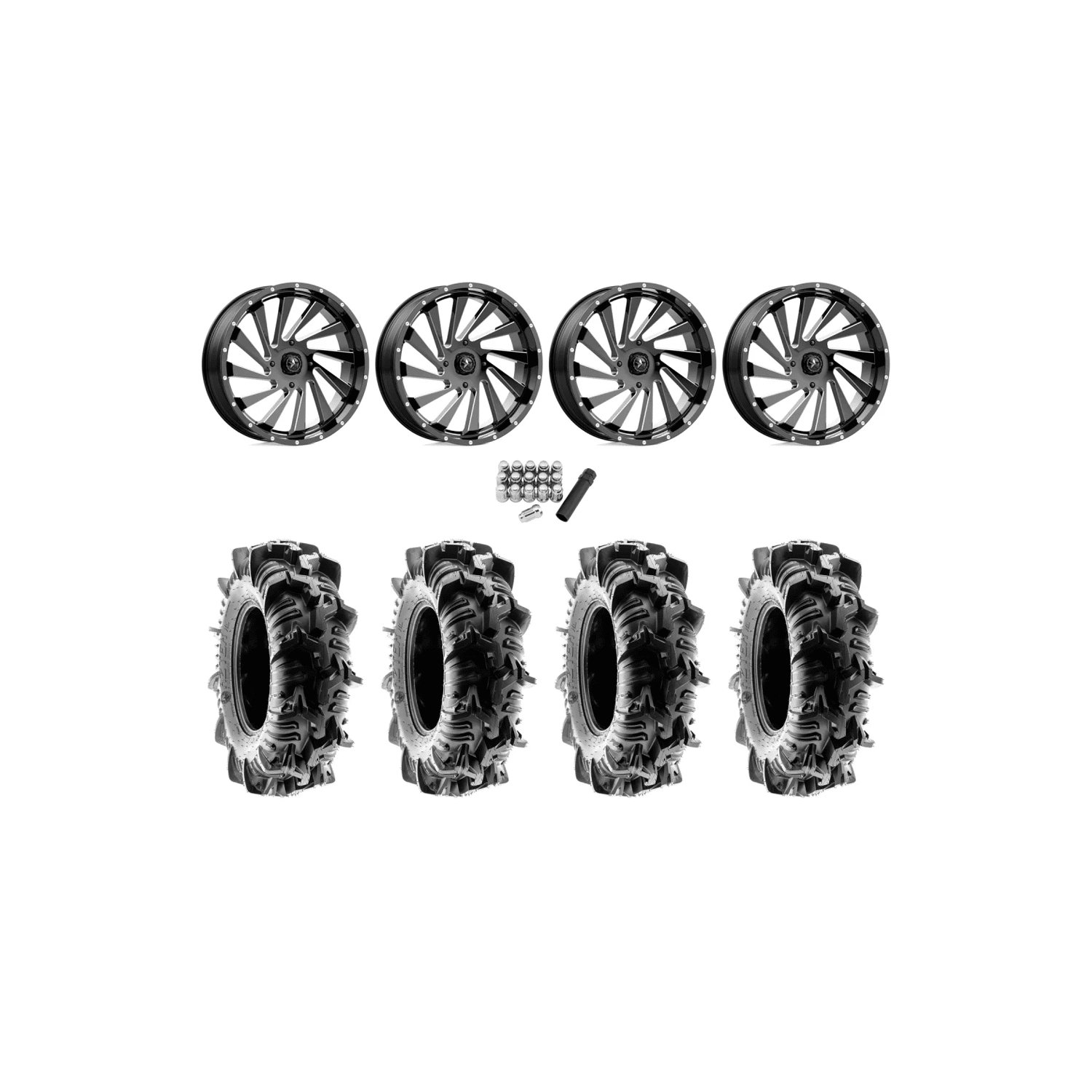 Terache Aztex XL 33×9-18 (8ply) Tires on MSA M46 Blade Gloss Black Milled Wheels