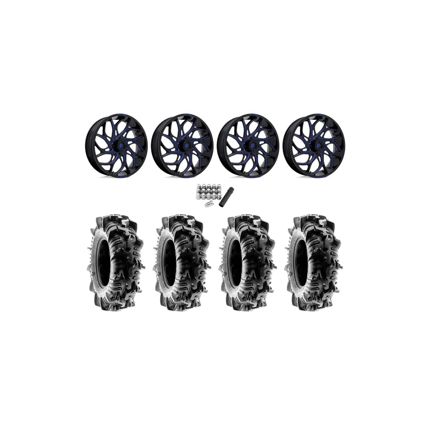Terache Aztex XL 35×9-20 (8ply) Tires on Fuel Runner Candy Blue Wheels