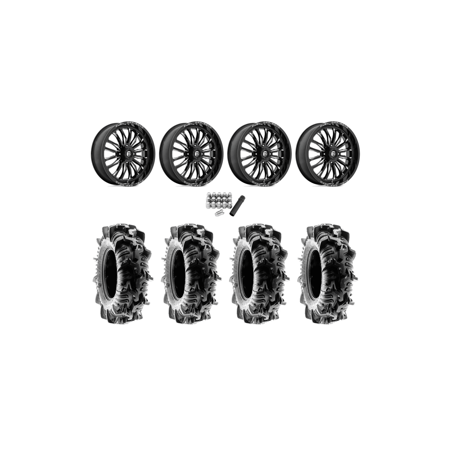 Terache Aztex XL 44×9.5-24 (8ply) Tires on Fuel Arc Gloss Black Milled Wheels