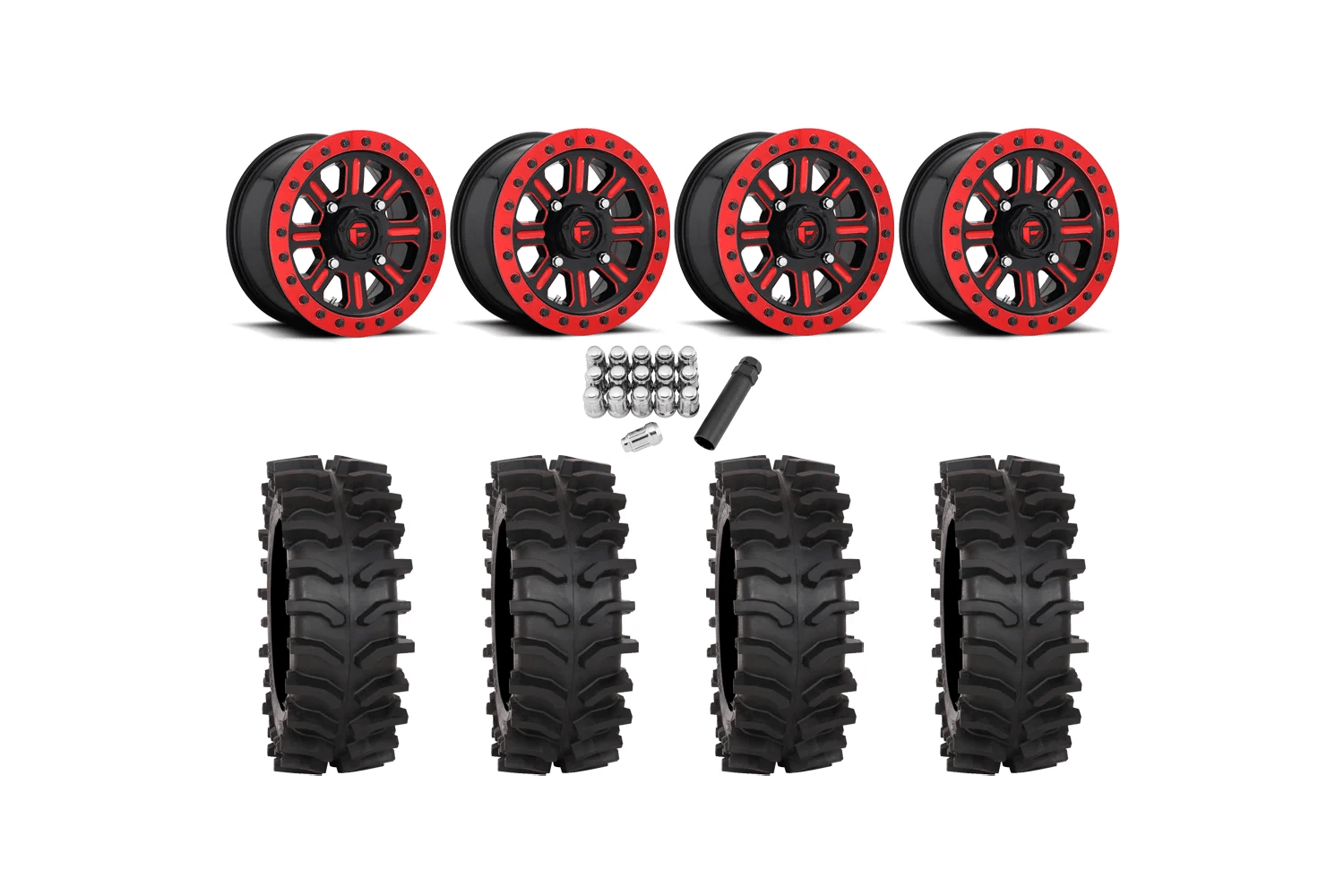 System 3 XT400W 30×12-15 Tires on Fuel Hardline Gloss Black With Candy Red (15×10) Beadlock Wheels