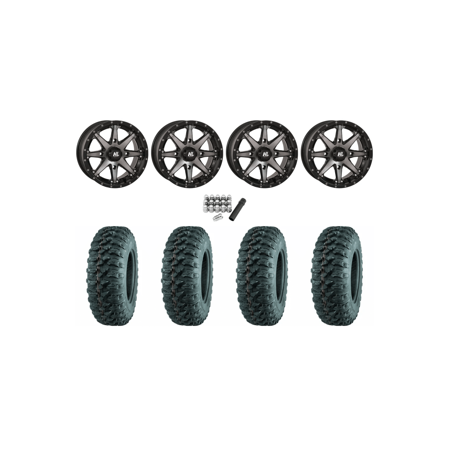 Quadboss QBT446 29x-9-14 & 29×11-14 Tires on HL10 Smoked Wheels