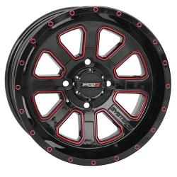 Assassinator Mud Tires 34-8-14 on ST-4 Gloss Black / Red Wheels