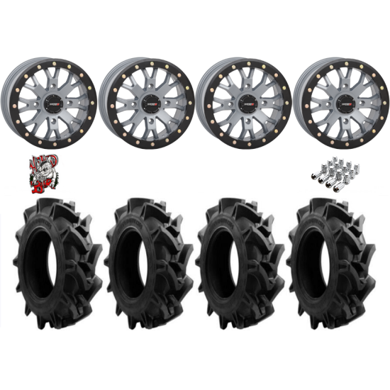 EFX Motohavok 28-8.5-14 Tires on SB-4 Satin Cement Grey Beadlock Wheels