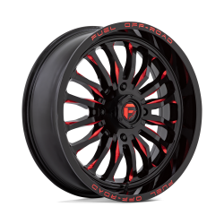 BKT TR 171 46-12.4-24 Tires on Fuel Arc Gloss Black Milled Red Wheels