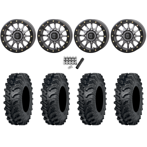 ITP MT911 28x10-14 (8ply) Tires on Frontline 223 Gunmetal Grey Beadlock Wheels