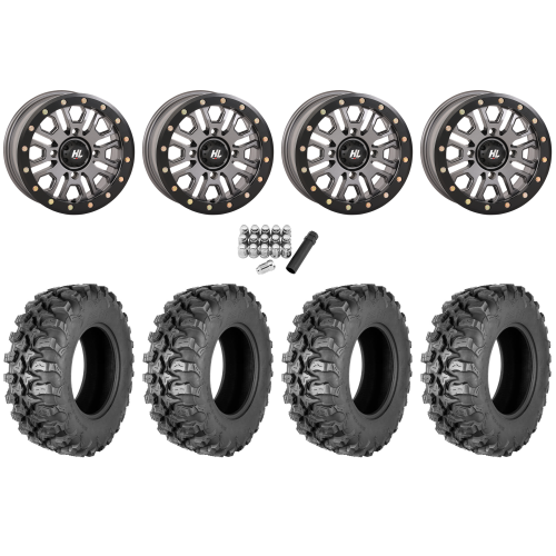 Quadboss QBT889 35x10-15 (8ply) Radial Tires on HL23 Gunmetal Grey Beadlock Wheels