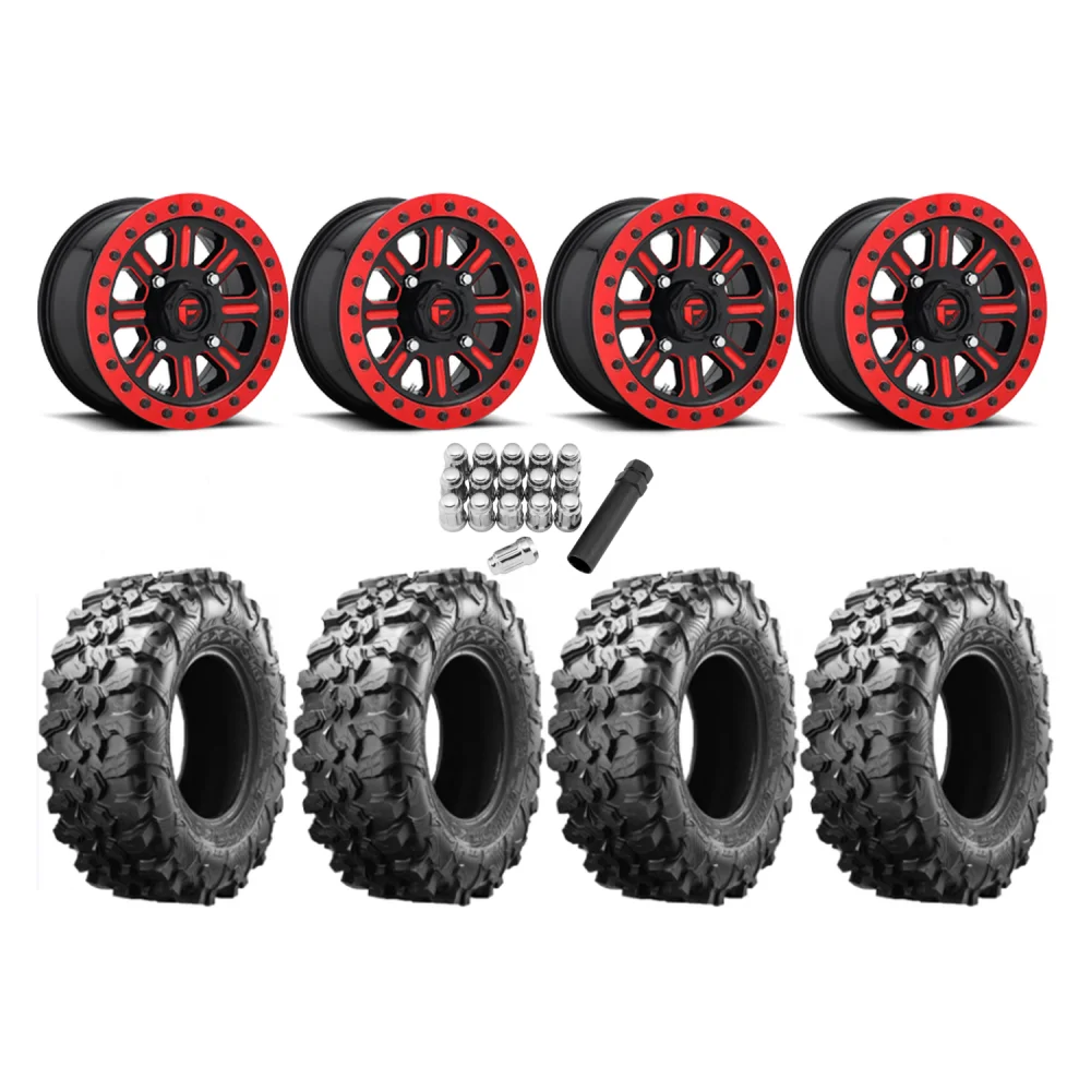 Maxxis Carnivore 33x10-15 Tires on Fuel Hardline Gloss Black with Candy Red Beadlock Wheels, complete kit