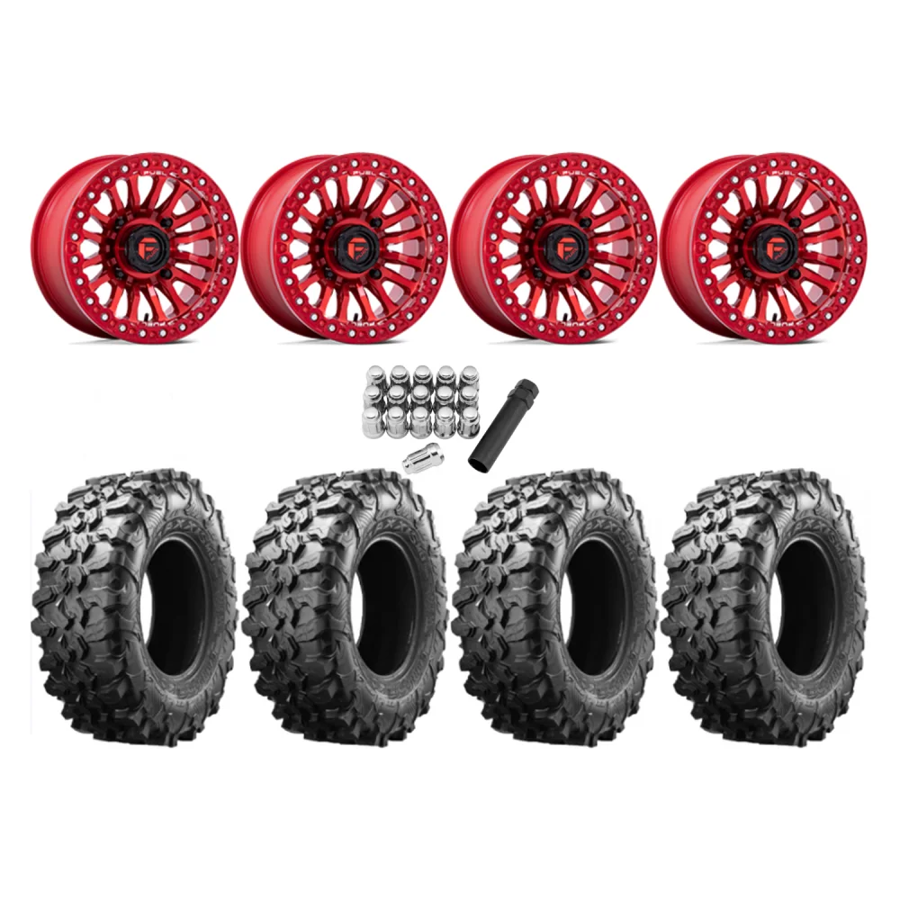 Maxxis Carnivore 33x10-15 Tires on Fuel Rincon Candy Red Beadlock Wheels, complete kit