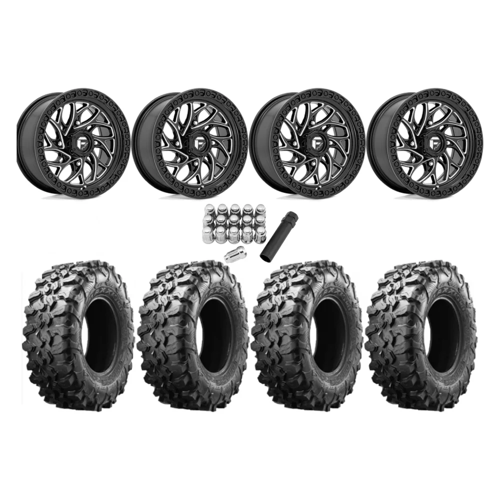 Maxxis Carnivore 35x10-15 Tires on Fuel Runner Gloss Black Milled Wheels, complete kit