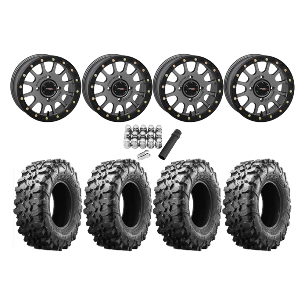 Maxxis Carnivore 35x10-15 Tires on SB-5 Gunmetal Beadlock Wheels, complete kit