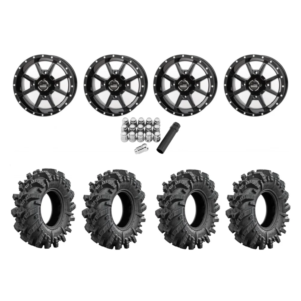 Intimidator 30x10-14 Tires on Frontline 556 Black Wheels, complete kit
