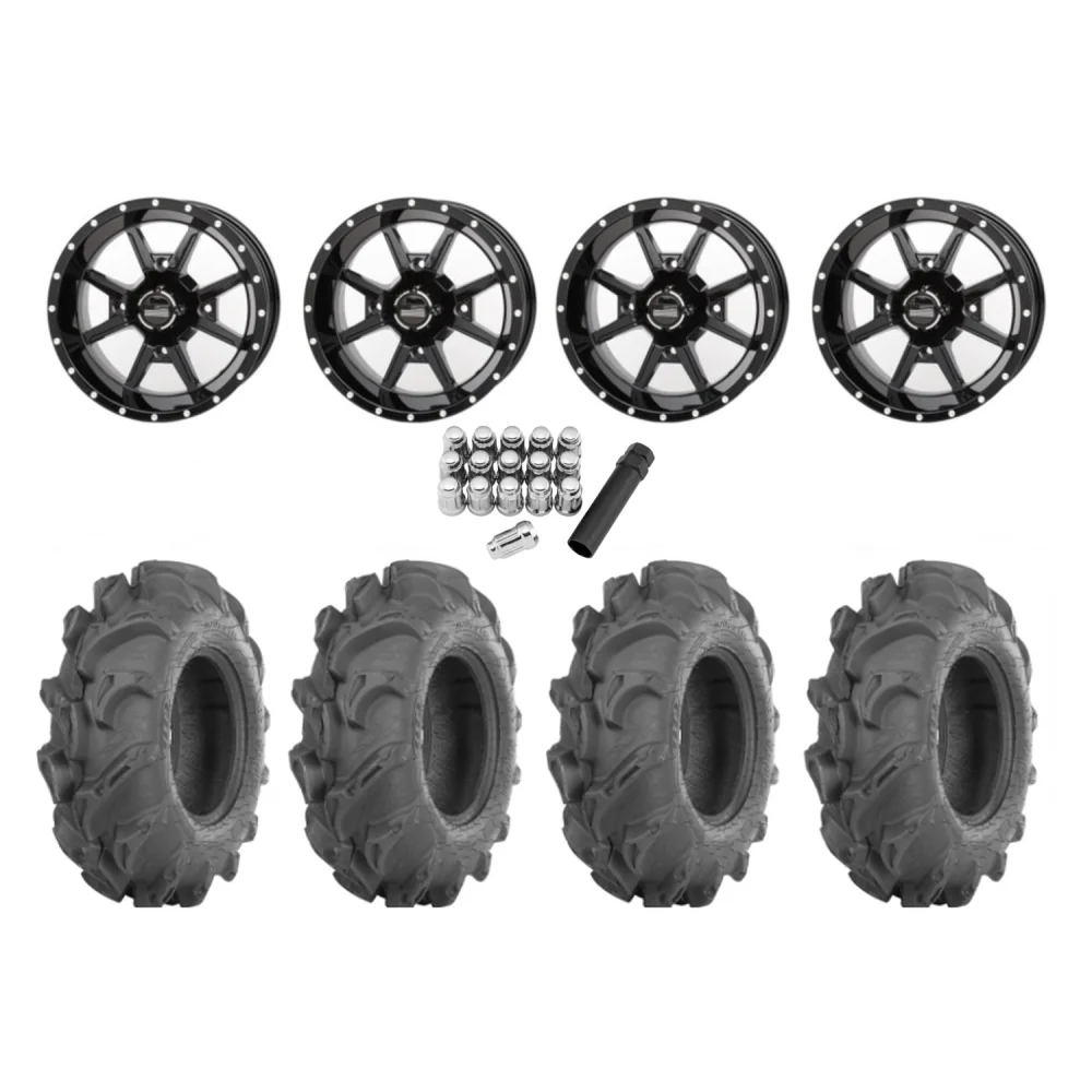 ITP Mega Mayhem 27x9-14 Tires on Frontline 556 Black Wheels, complete kit
