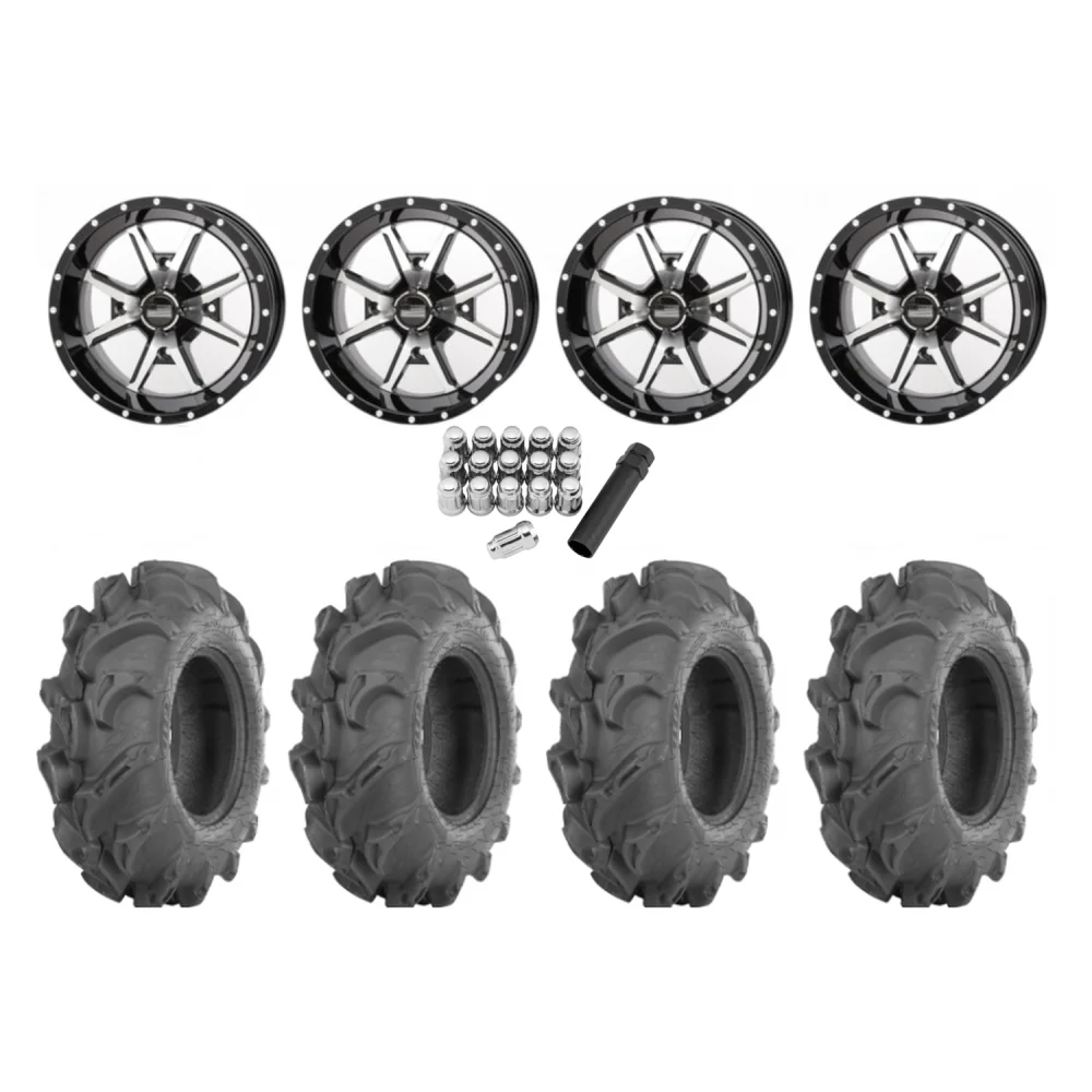 ITP Mega Mayhem 27x9-14 Tires on Frontline 556 Machined Wheels, complete kit