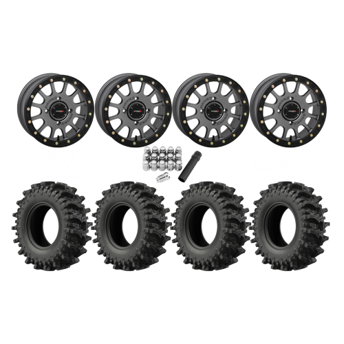 EFX MotoSlayer 28x9.5-14 Tires on SB-5 Gunmetal Grey Beadlock Wheels EFX MotoSlayer 28x9.5-14 Tires on SB-5 Gunmetal Grey Beadlock Wheels