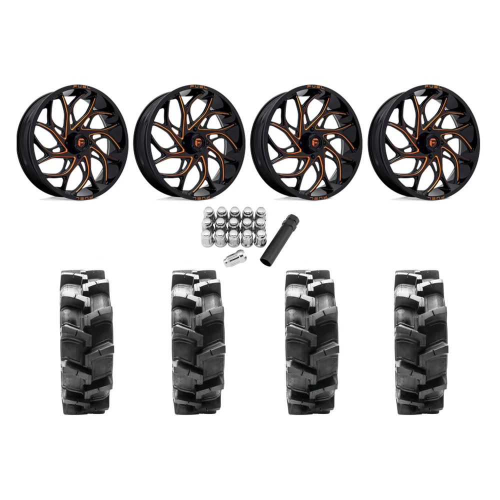 Quadboss QBT680 33x9.5-18 Tires on Fuel Runner Candy Orange Wheels, complete kit