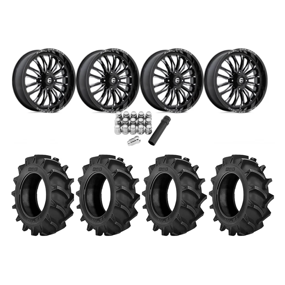 BKT TR 171 40x8.3-24 Tires on Fuel Arc Gloss Black Milled Wheels, complete kit
