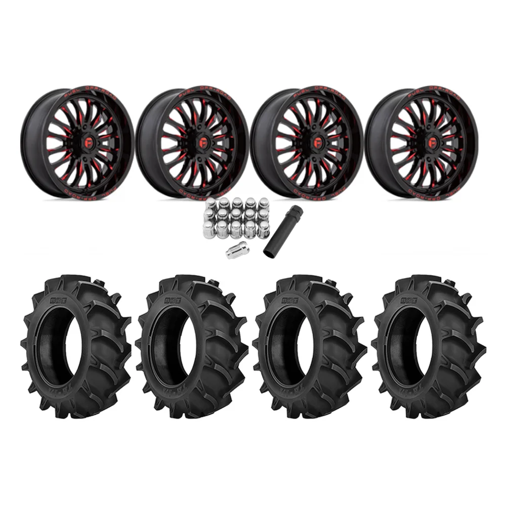 BKT TR 171 35x9.5-18 Tires on Fuel Arc Gloss Black Milled Red Wheels, complete kit