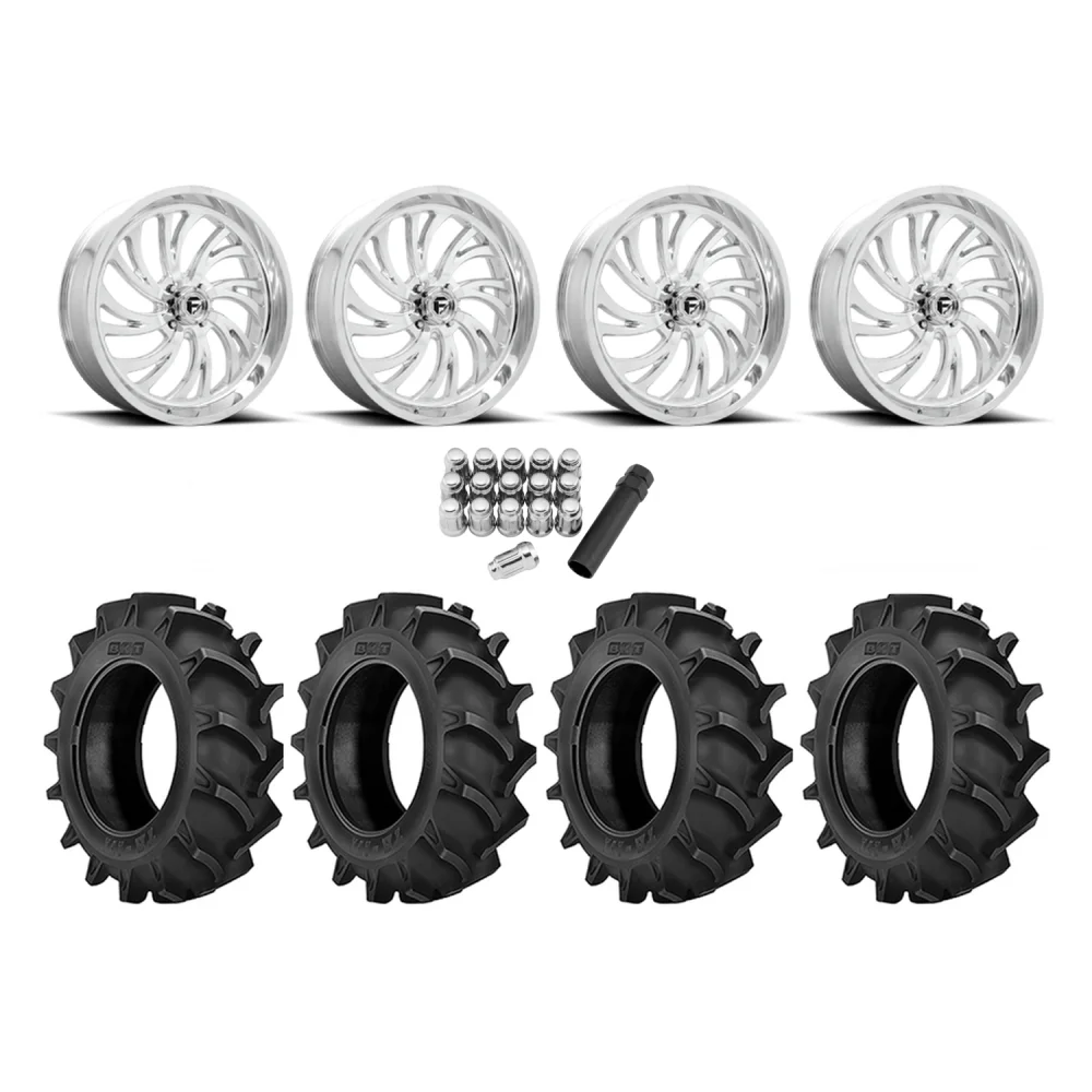 BKT TR 171 40x11.2-20 Tires on Fuel Kompressor Polished Wheels, complete kit