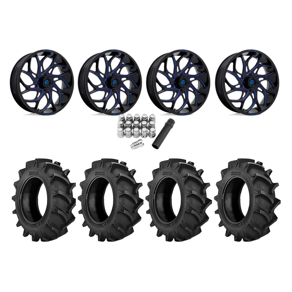 BKT TR 171 35x9.5-18 Tires on Fuel Runner Candy Blue Wheels, complete kit