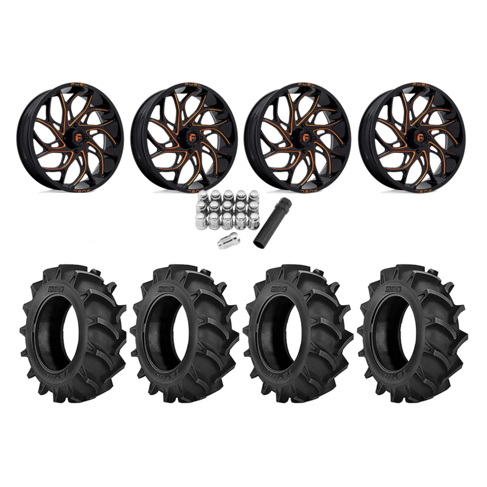 BKT TR 171 35x9.5-18 Tires on Fuel Runner Candy Orange Wheels, complete kit