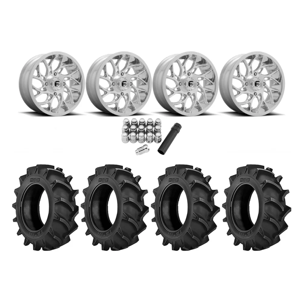 BKT TR 171 37x8.3-22 Tires on Fuel Runner Polished Wheels, complete kit