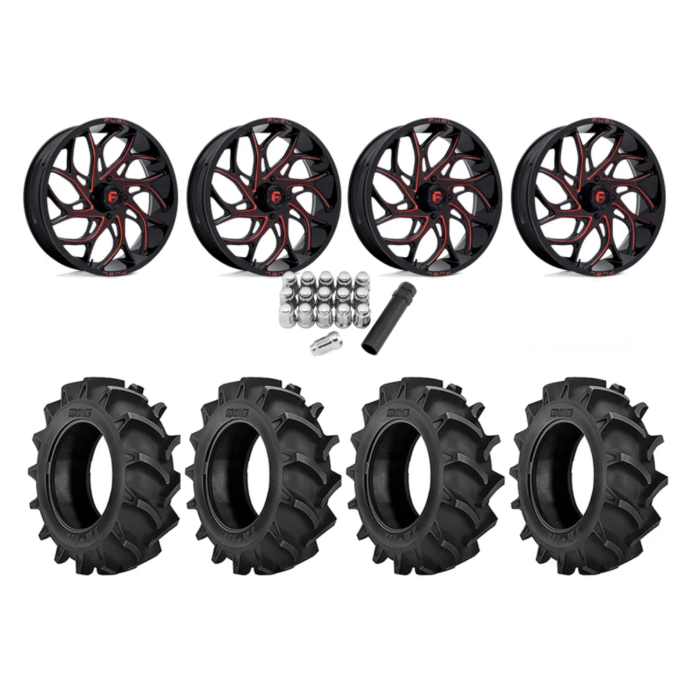 BKT TR 171 46x12.4-24 Tires on Fuel Runner Candy Red Wheels, complete kit