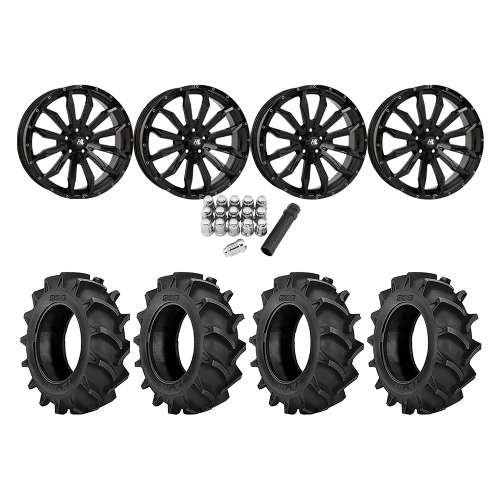 BKT TR 171 40x11.2-20 Tires on HL21 Gloss Black Wheels, complete kit