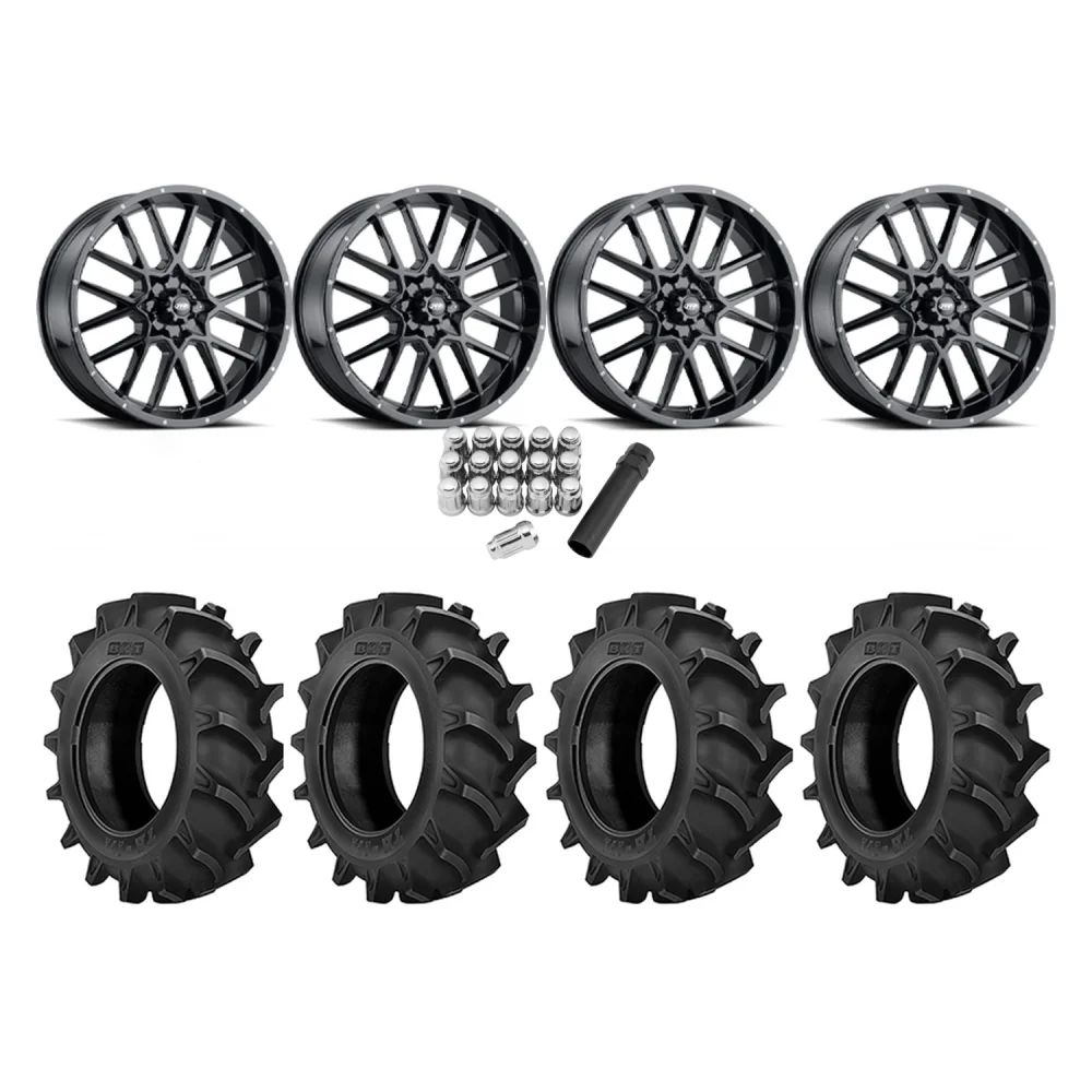 BKT TR 171 40x11.2-20 Tires on ITP Hurricane Gloss Black Wheels, complete kit
