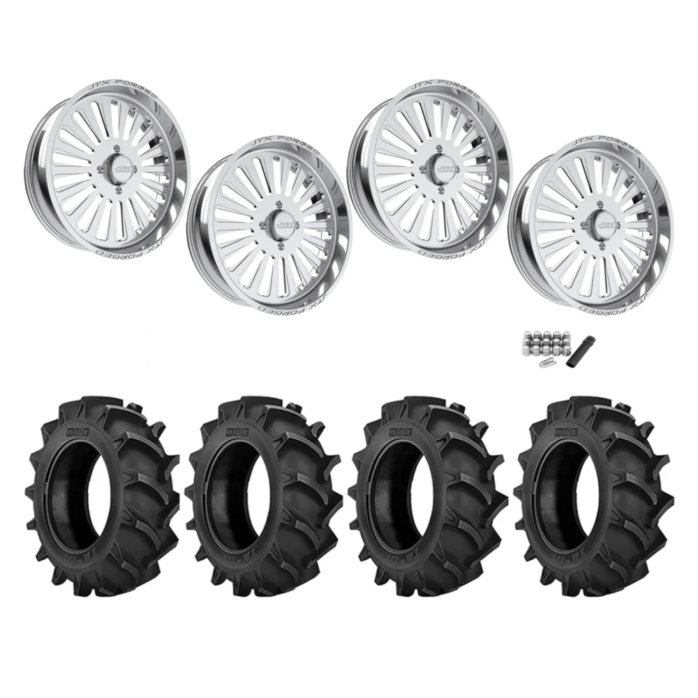 BKT TR 171 47.6x13.6-24 Tires on JTX Forged Cosmo Polished Wheels, complete kit