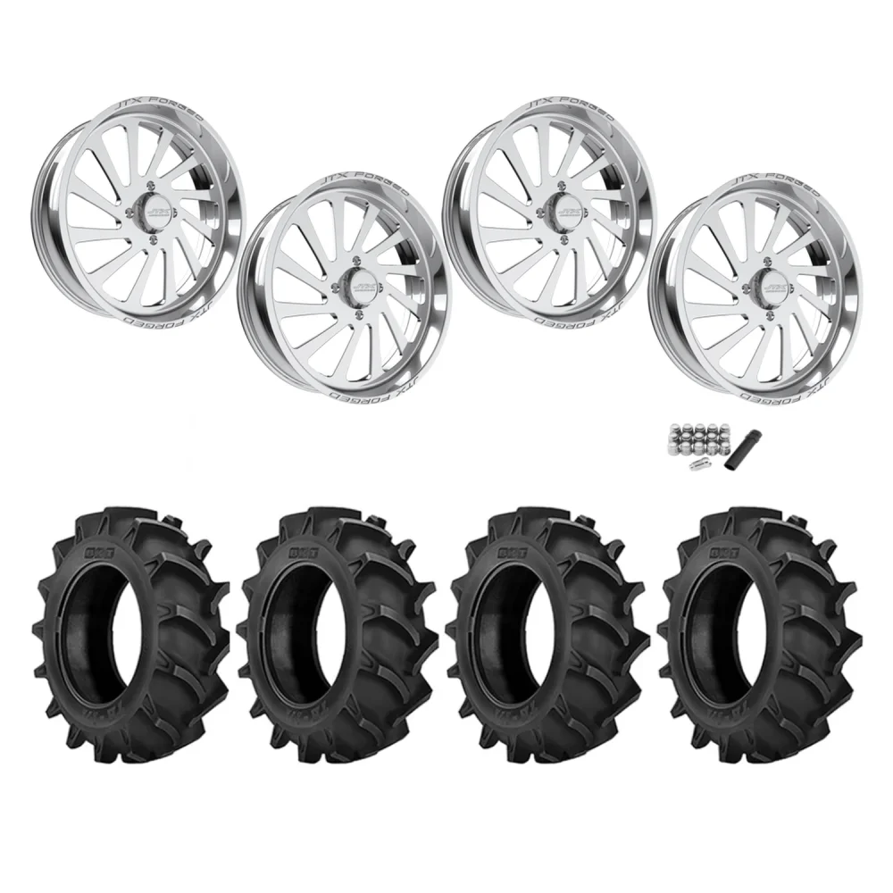 BKT TR 171 47.6x13.6-24 Tires on JTX Forged Cycle Polished Wheels, complete kit