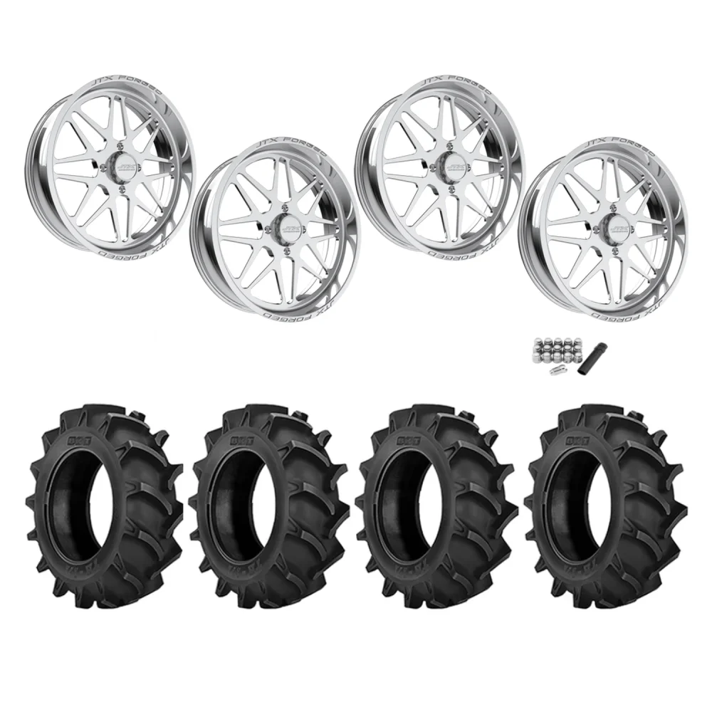 BKT TR 171 47.6x13.6-24 Tires on JTX Forged Prism Polished Wheels, complete kit
