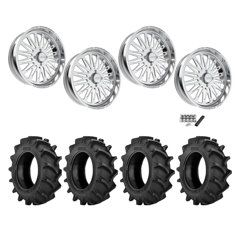 BKT TR 171 47.6x13.6-24 Tires on JTX Forged Schizo Polished Wheels, complete kit