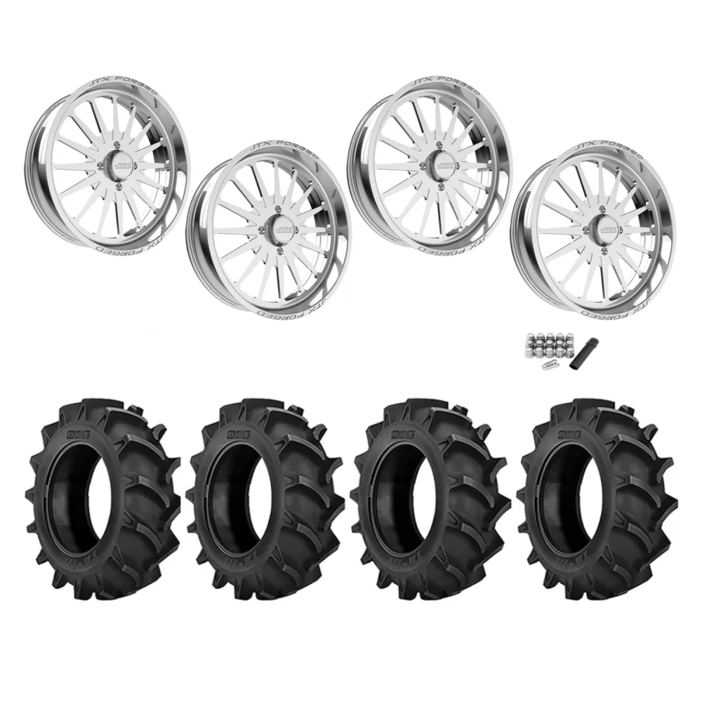 BKT TR 171 40x8.3-24 Tires on JTX Forged Silencer Polished Wheels, complete kit