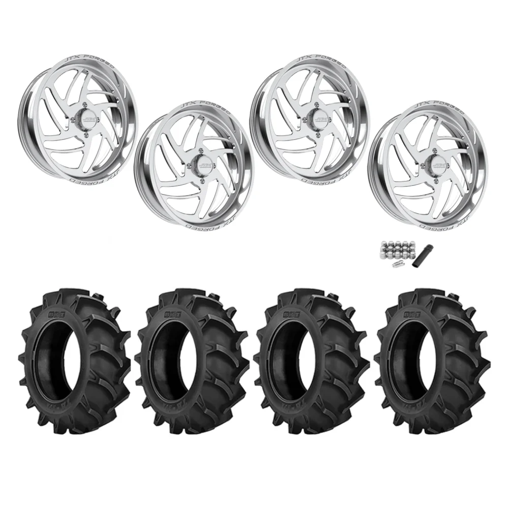 BKT TR 171 47.6x13.6-24 Tires on JTX Forged Turbo Polished Wheels, complete kit