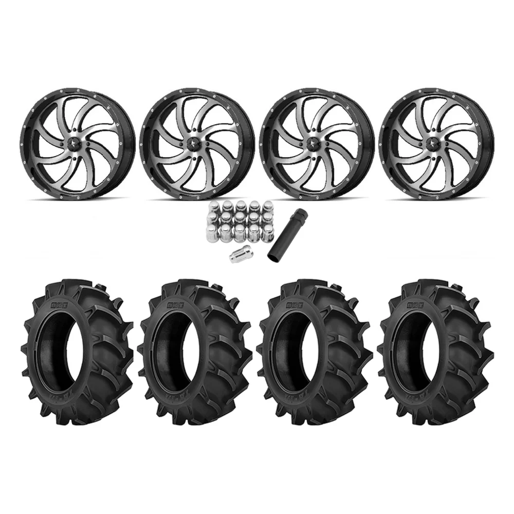 BKT TR 171 33x8-18 Tires on MSA M36 Switch Machined Wheels, complete kit