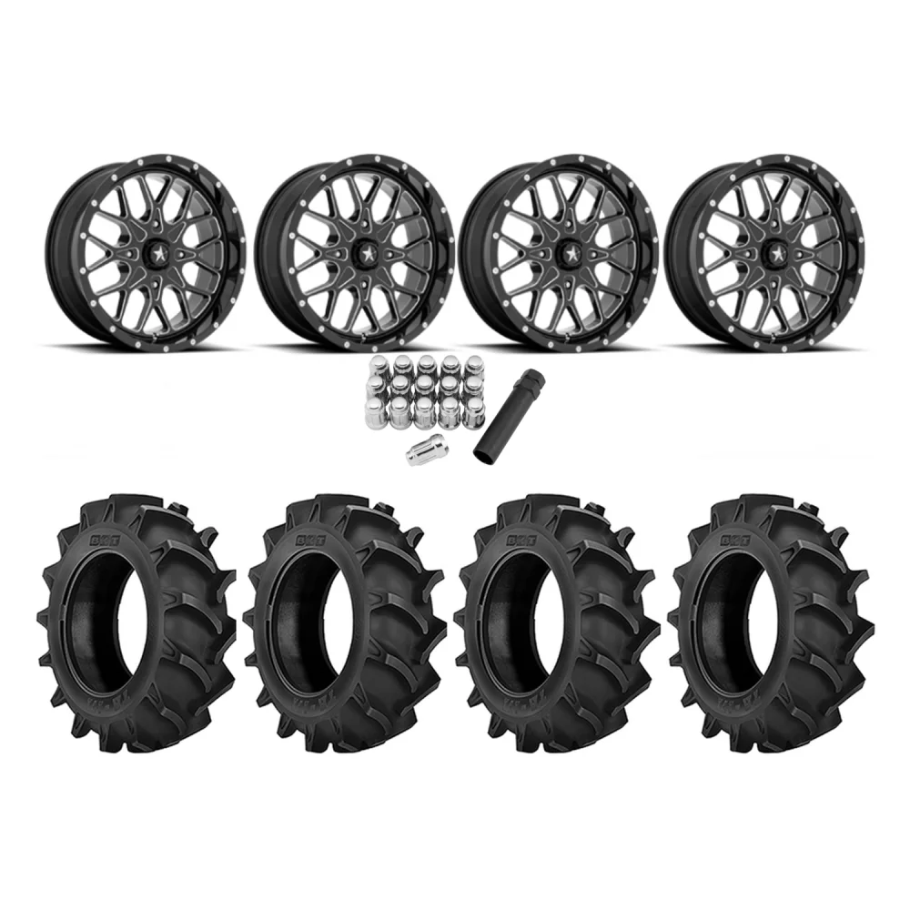 BKT TR 171 47.6x13.6-24 Tires on MSA M45 Portal Gloss Black Milled Wheels, complete kit
