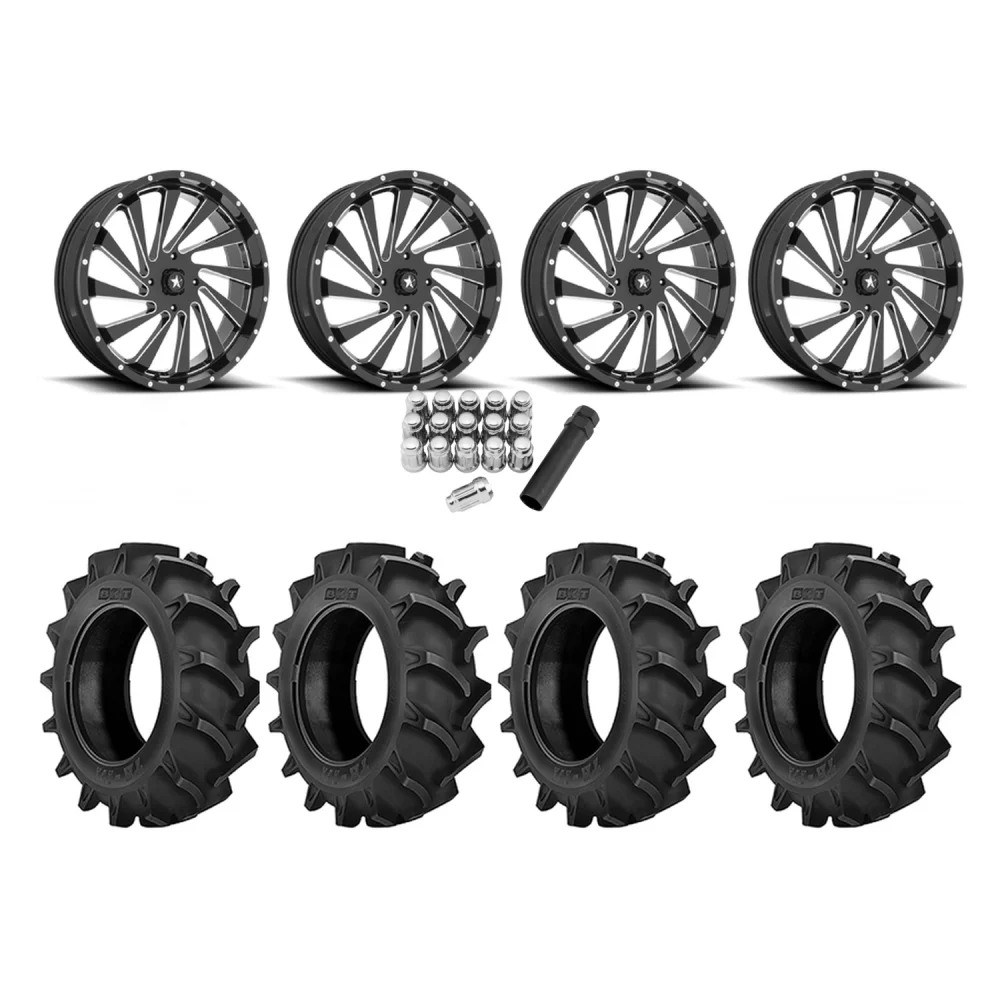 BKT TR 171 46x12.4-24 Tires on MSA M46 Blade Milled Wheels, complete kit