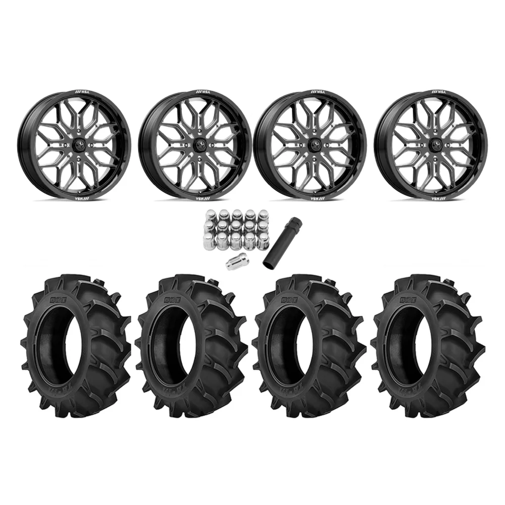 BKT TR 171 46x12.4-24 Tires on MSA M47 Sniper Gloss Black Milled Wheels, complete kit
