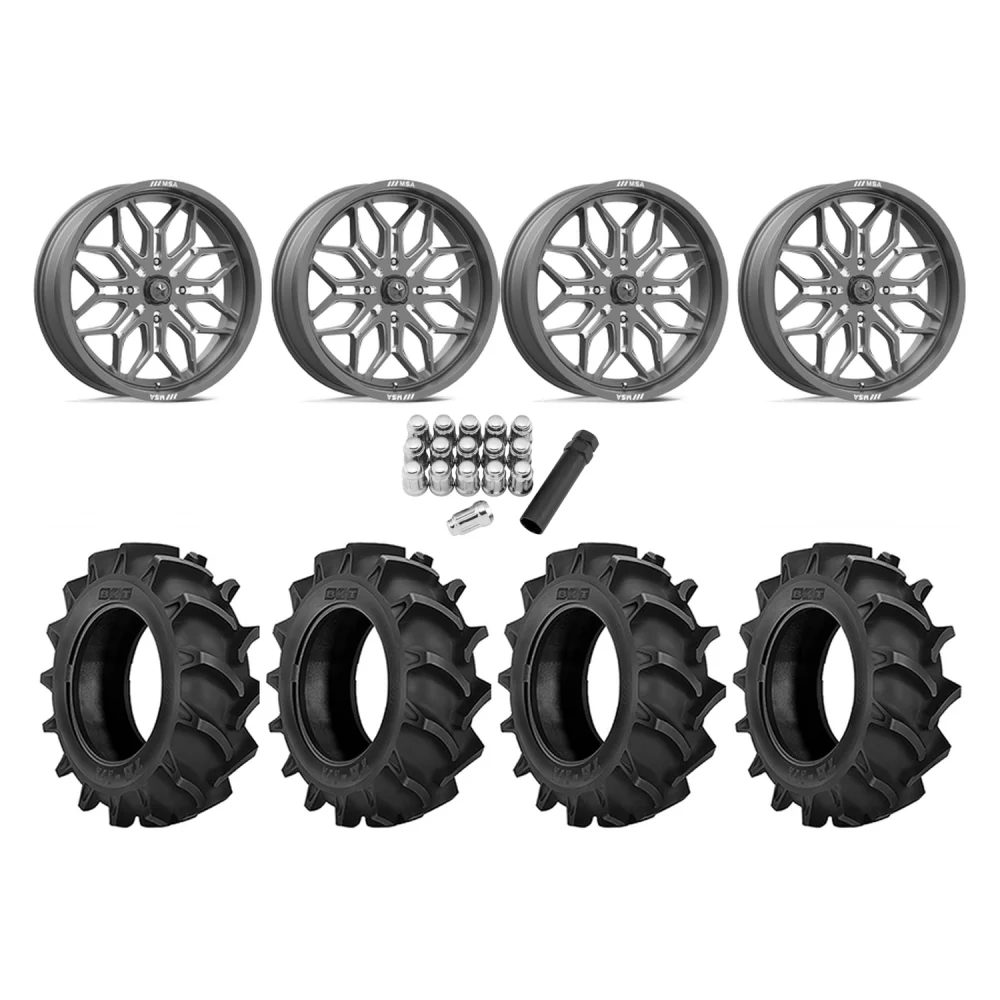 BKT TR 171 33x8-18 Tires on MSA M47 Sniper Gunmetal Milled Wheels, complete kit