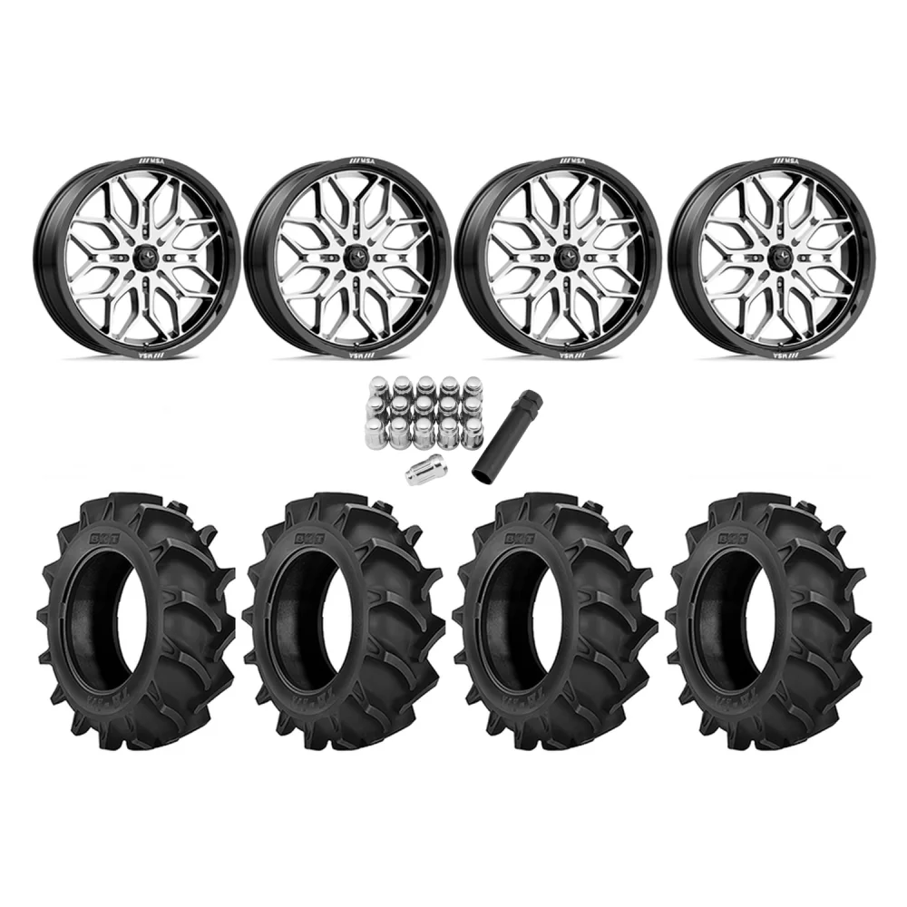 BKT TR 171 33x8-18 Tires on MSA M47 Sniper Machined Wheels, complete kit