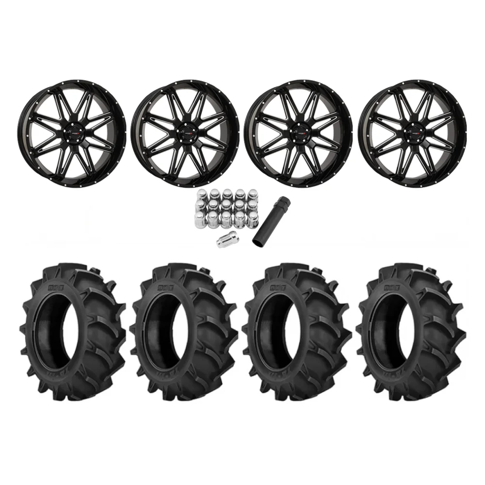 BKT TR 171 44x11.2-24 Tires on ST-7 Gloss Black Milled Black (24x9) Wheels, complete kit