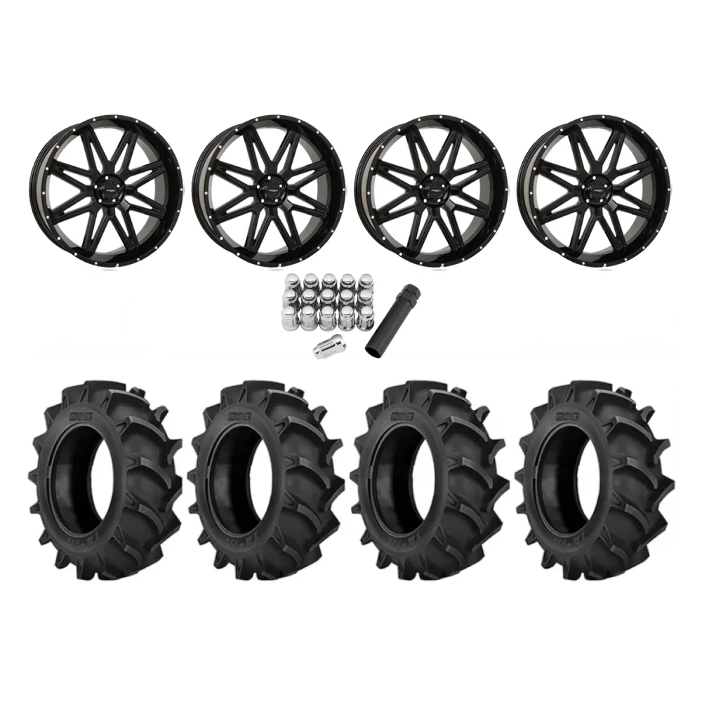 BKT TR 171 47.6x13.6-24 Tires on ST-7 Gloss Black (24x9) Wheels, complete kit