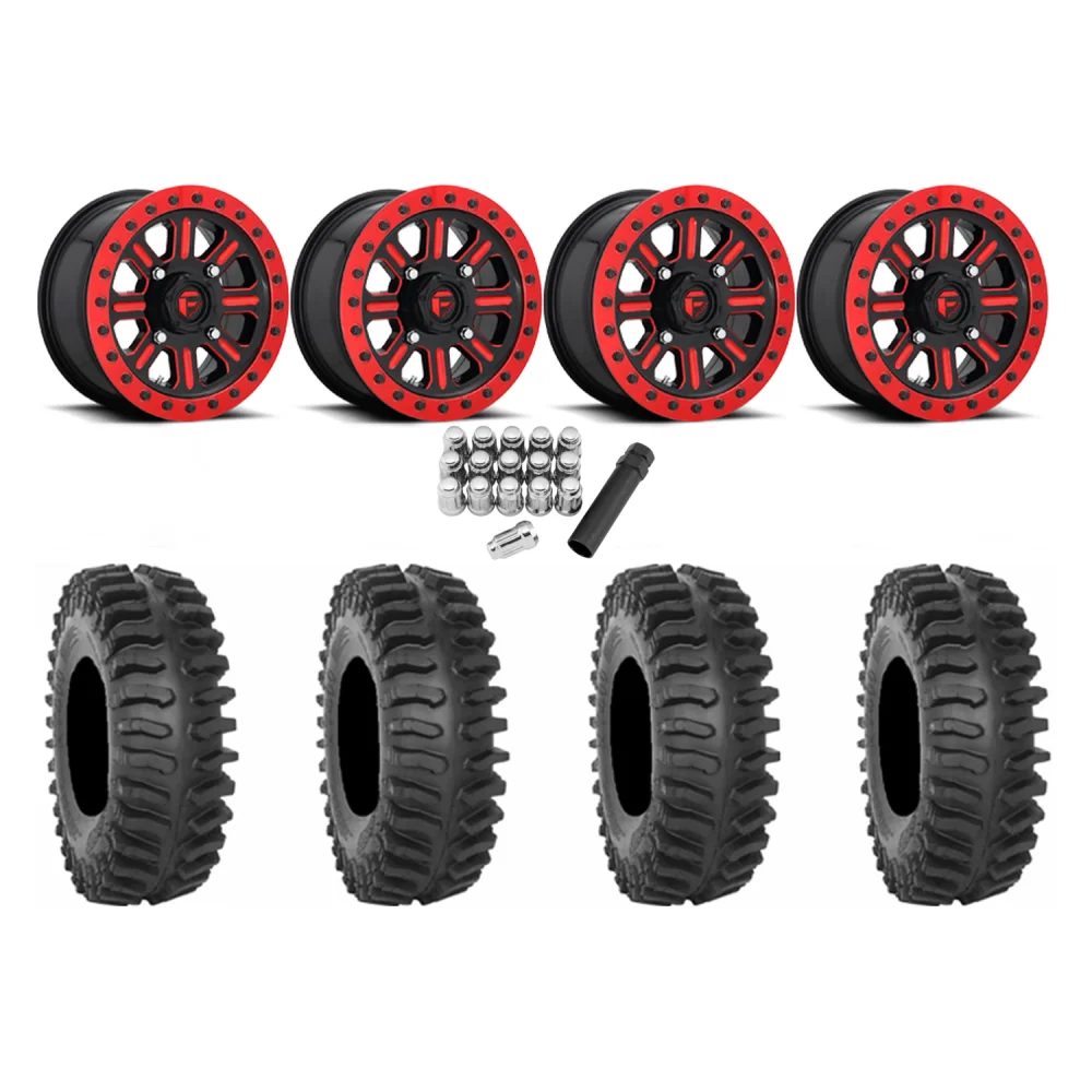 System 3 XT400 32x10-15 Tires on Fuel Hardline Gloss Black with Candy Red Beadlock Wheels, complete kit