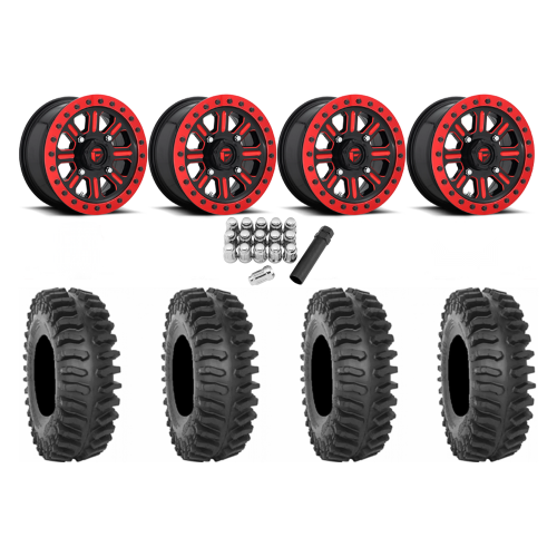 System 3 XT400 30x10-15 Tires on Fuel Hardline Gloss Black with Candy Red Beadlock Wheels System 3 XT400 30x10-15 Tires on Fuel Hardline Gloss Black with Candy Red Beadlock Wheels