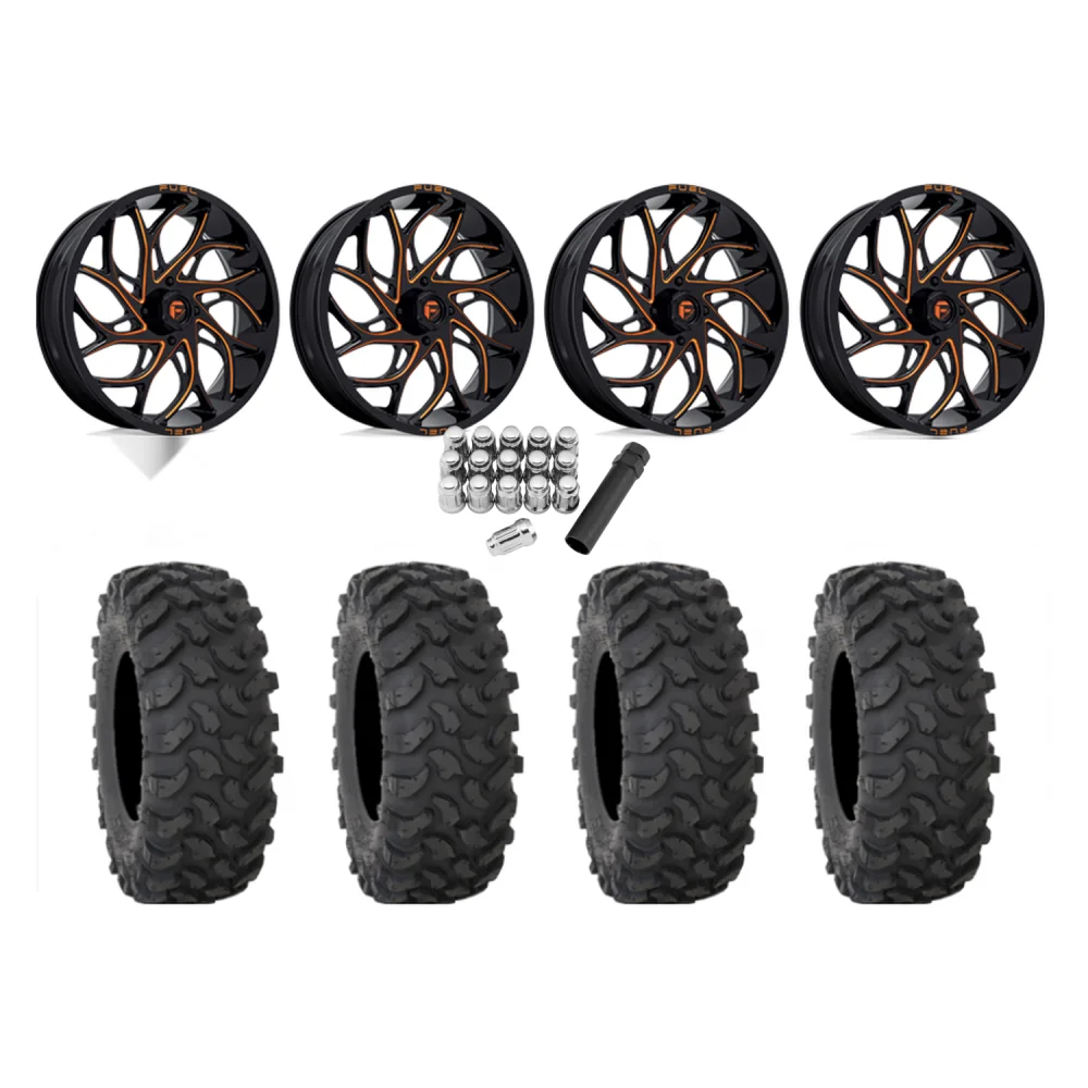 System 3 XTR370 35x10-20 Tires on Fuel Runner Candy Orange Wheels, complete kit