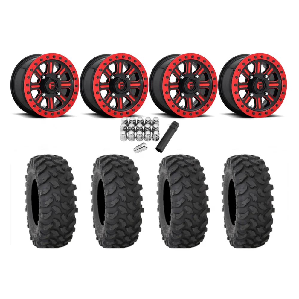 System 3 XTR370 33x10-15 Tires on Fuel Hardline Gloss Black with Candy Red Beadlock Wheels, complete kit