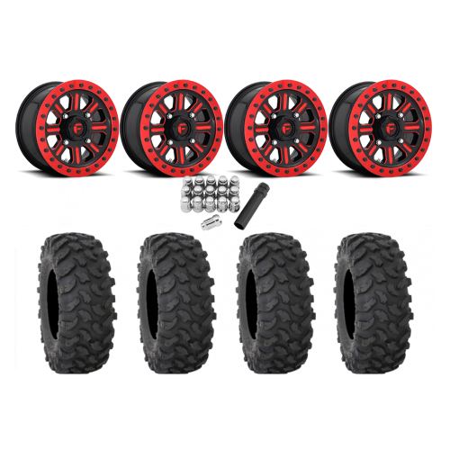 System 3 XTR370 32x10-15 Tires on Fuel Hardline Gloss Black with Candy Red Beadlock Wheels
