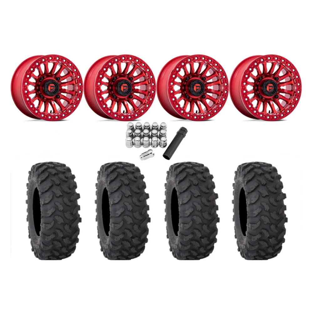 System 3 XTR370 35x10-15 Tires on Fuel Rincon Candy Red Beadlock Wheels, complete kit